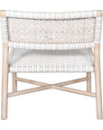 A stylish natural wood occasional chair featuring a woven white leather seat and backrest, blending modern design with organic textures.