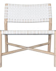 A stylish natural wood occasional chair featuring a woven white leather seat and backrest, blending modern design with organic textures.