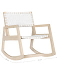A stylish natural wood rocking chair featuring a woven white leather seat and backrest, blending modern design with organic textures