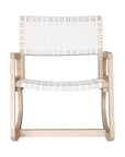 A stylish natural wood rocking chair featuring a woven white leather seat and backrest, blending modern design with organic textures