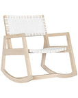 A stylish natural wood rocking chair featuring a woven white leather seat and backrest, blending modern design with organic textures