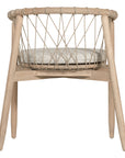 Modern natural wooden dining chair with woven rope backrest and cushioned seat, perfect for contemporary lounge settings