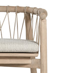 Modern natural wooden dining chair with woven rope backrest and cushioned seat, perfect for contemporary lounge settings