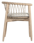 Modern natural wooden dining chair with woven rope backrest and cushioned seat, perfect for contemporary lounge settings
