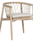 Modern natural wooden dining chair with woven rope backrest and cushioned seat, perfect for contemporary lounge settings