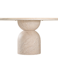 Nuru dining table in dune hydro dipped finish with round tabletop and sculptural stacked pedestal base.