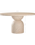 Nuru dining table in dune hydro dipped finish with round tabletop and sculptural stacked pedestal base.