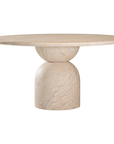 Nuru dining table in dune hydro dipped finish with round tabletop and sculptural stacked pedestal base.