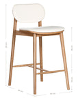 A contemporary bar stool featuring a natural oak frame with a curved white upholstered seat and backrest, designed for modern kitchens and dining spaces