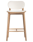 A contemporary bar stool featuring a natural oak frame with a curved white upholstered seat and backrest, designed for modern kitchens and dining spaces