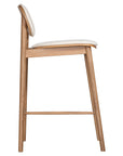 A contemporary bar stool featuring a natural oak frame with a curved white upholstered seat and backrest, designed for modern kitchens and dining spaces