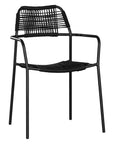 Modern outdoor dining chair featuring a black metal frame with a handwoven black rope seat and backrest, designed for sleek and contemporary alfresco dining