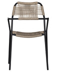 Stylish outdoor dining chair with a sleek black metal frame and handwoven rope seat and backrest in a natural tone, perfect for contemporary alfresco dining