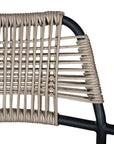 Stylish outdoor dining chair with a sleek black metal frame and handwoven rope seat and backrest in a natural tone, perfect for contemporary alfresco dining