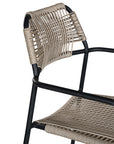 Stylish outdoor dining chair with a sleek black metal frame and handwoven rope seat and backrest in a natural tone, perfect for contemporary alfresco dining