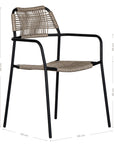 Stylish outdoor dining chair with a sleek black metal frame and handwoven rope seat and backrest in a natural tone, perfect for contemporary alfresco dining