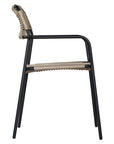 Stylish outdoor dining chair with a sleek black metal frame and handwoven rope seat and backrest in a natural tone, perfect for contemporary alfresco dining