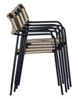 Stylish outdoor dining chair with a sleek black metal frame and handwoven rope seat and backrest in a natural tone, perfect for contemporary alfresco dining