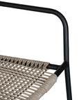 Stylish outdoor dining chair with a sleek black metal frame and handwoven rope seat and backrest in a natural tone, perfect for contemporary alfresco dining