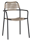 Modern outdoor dining chair featuring a black metal frame with a handwoven beige rope seat and backrest, designed for sleek and contemporary alfresco dining