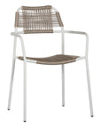 Modern outdoor dining chair featuring a white metal frame with a handwoven beige rope seat and backrest, designed for sleek and contemporary alfresco dining