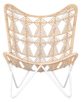 A handcrafted butterfly chair featuring an intricately woven natural rattan seat with a geometric pattern, supported by a sleek white metal frame
