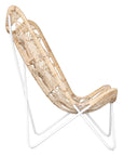 A handcrafted butterfly chair featuring an intricately woven natural rattan seat with a geometric pattern, supported by a sleek white metal frame