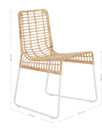 A handwoven rattan dining chair with a white metal frame, featuring an airy, open-weave design. The natural rattan seat and backrest bring an organic touch to contemporary and coastal interiors