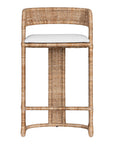 A natural rattan bar stool with a curved backrest and a white upholstered cushion. The woven texture and sturdy frame bring a relaxed yet sophisticated coastal-inspired aesthetic to any bar or kitchen counter