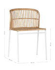 Modern rattan dining chair with a white metal frame, featuring a curved backrest and woven natural rattan for a stylish and airy aesthetic