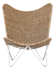 A stylish rattan sling chair with a white metal frame, featuring an airy woven seat and a relaxed silhouette, perfect for modern coastal and bohemian interiors.