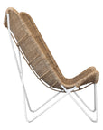 A stylish rattan sling chair with a white metal frame, featuring an airy woven seat and a relaxed silhouette, perfect for modern coastal and bohemian interiors.