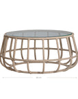 Contemporary aluminium rope weave coffee table with a glass top, featuring an open, airy design in a neutral tone, perfect for modern coastal or bohemian-inspired interiors