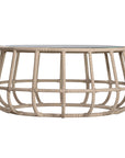 Contemporary aluminium rope weave coffee table with a glass top, featuring an open, airy design in a neutral tone, perfect for modern coastal or bohemian-inspired interiors