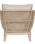A stylish rope weave armchair with a natural wood frame and soft linen cushions. Designed for both indoor and outdoor use, this chair offers a relaxed, contemporary aesthetic perfect for modern and coastal-inspired interiors