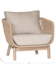A stylish rope weave armchair with a natural wood frame and soft linen cushions. Designed for both indoor and outdoor use, this chair offers a relaxed, contemporary aesthetic perfect for modern and coastal-inspired interiors