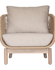 A stylish rope weave armchair with a natural wood frame and soft linen cushions. Designed for both indoor and outdoor use, this chair offers a relaxed, contemporary aesthetic perfect for modern and coastal-inspired interiors