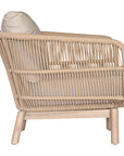 A stylish rope weave armchair with a natural wood frame and soft linen cushions. Designed for both indoor and outdoor use, this chair offers a relaxed, contemporary aesthetic perfect for modern and coastal-inspired interiors