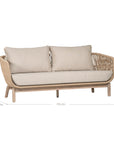 A stylish rope weave armchair with a natural wood frame and soft linen cushions. Designed for both indoor and outdoor use, this chair offers a relaxed, contemporary aesthetic perfect for modern and coastal-inspired interiors