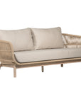 A stylish rope weave armchair with a natural wood frame and soft linen cushions. Designed for both indoor and outdoor use, this chair offers a relaxed, contemporary aesthetic perfect for modern and coastal-inspired interiors