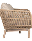 A stylish rope weave armchair with a natural wood frame and soft linen cushions. Designed for both indoor and outdoor use, this chair offers a relaxed, contemporary aesthetic perfect for modern and coastal-inspired interiors