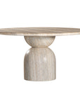 Round sculptural dining table crafted from natural travertine stone, featuring a smooth circular top and a rounded pedestal base. Elegant and timeless design ideal for contemporary and refined dining spaces.