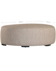 Curved upholstered ottoman with natural textured fabric and subtle black feet, ideal for contemporary living spaces