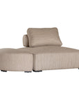 Curved upholstered ottoman with natural textured fabric and subtle black feet, ideal for contemporary living spaces