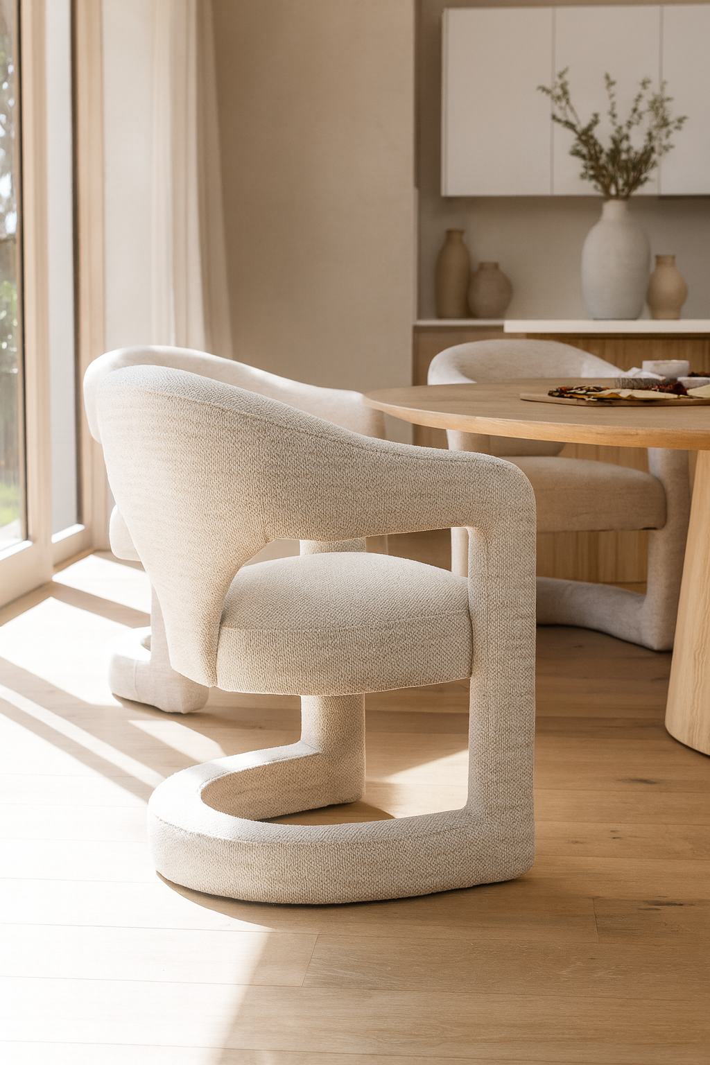 Curved sculptural dining chair upholstered in textured cream fabric, styled in a sunlit dining room with light timber floors and round oak table