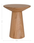 A modern solid oak side table with a sculptural conical base and smooth rounded top, showcasing natural wood grain variations for an organic aesthetic