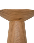 A modern solid oak side table with a sculptural conical base and smooth rounded top, showcasing natural wood grain variations for an organic aesthetic