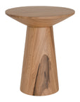 A modern solid oak side table with a sculptural conical base and smooth rounded top, showcasing natural wood grain variations for an organic aesthetic