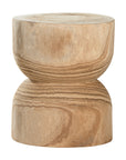 A sculptural solid timber stool with a curved silhouette, showcasing natural wood grain patterns. Versatile as a side table or additional seating, perfect for organic and modern interiors