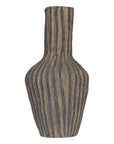 Striped paper mache vase with a rustic texture, perfect as a decorative accent piece for modern and bohemian interiors.